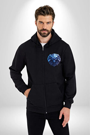 Kuru Kafa Kalkan Koruma Kadın Erkek Siyah Renk Kapüşonlu Kanguru Cepli  Fermuarlı Pamuklu Oversize Dijital Baskılı Hırka Sweatshirt