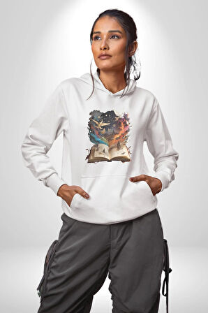 Hikaye Roman Kitabı Gerçekleşti Kadın Erkek  Beyaz Kapüşonlu Sweatshirt Hoodie