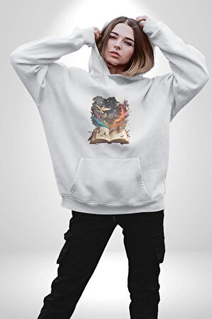 Hikaye Roman Kitabı Gerçekleşti Kadın Erkek  Beyaz Kapüşonlu Sweatshirt Hoodie