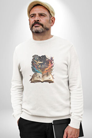 Hikaye Roman Kitabı Gerçekleşti Kadın Erkek  Beyaz Baskılı Sweatshirt 