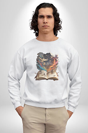 Hikaye Roman Kitabı Gerçekleşti Kadın Erkek  Beyaz Baskılı Sweatshirt 
