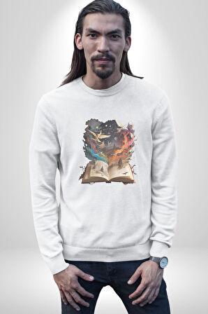 Hikaye Roman Kitabı Gerçekleşti Kadın Erkek  Beyaz Baskılı Sweatshirt 