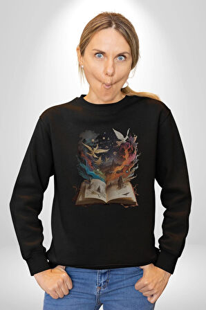 Hikaye Roman Kitabı Gerçekleşti Kadın Erkek  Siyah Baskılı Sweatshirt 