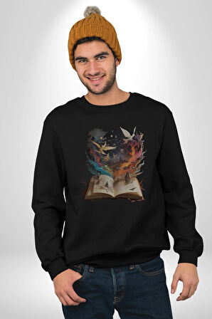 Hikaye Roman Kitabı Gerçekleşti Kadın Erkek  Siyah Baskılı Sweatshirt 