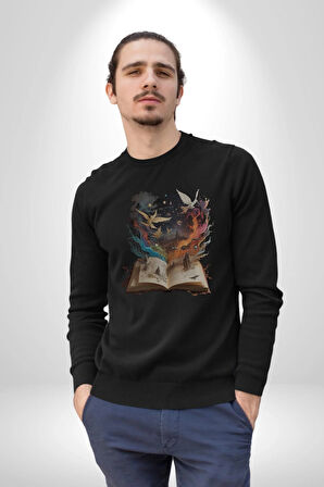 Hikaye Roman Kitabı Gerçekleşti Kadın Erkek  Siyah Baskılı Sweatshirt 