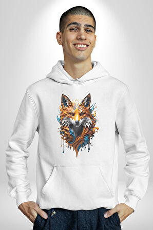 Renkli Sulu Boya Kurt Yapay Zeka Tasarımı  Kadın Erkek  Beyaz Kapüşonlu Sweatshirt Hoodie