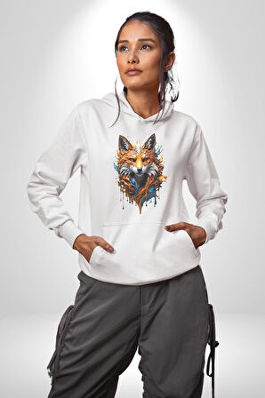 Renkli Sulu Boya Kurt Yapay Zeka Tasarımı  Kadın Erkek  Beyaz Kapüşonlu Sweatshirt Hoodie