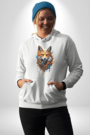 Renkli Sulu Boya Kurt Yapay Zeka Tasarımı  Kadın Erkek  Beyaz Kapüşonlu Sweatshirt Hoodie