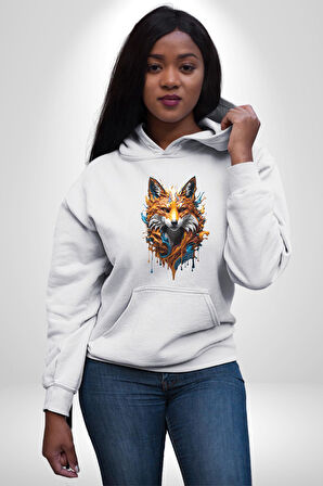 Renkli Sulu Boya Kurt Yapay Zeka Tasarımı  Kadın Erkek  Beyaz Kapüşonlu Sweatshirt Hoodie