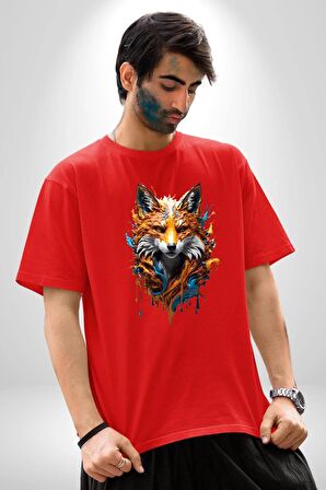 Renkli Sulu Boya Kurt Yapay Zeka Tasarımı  Pamuklu Bisiklet Yaka Kadın Erkek Oversize Boyfriend Dijital Baskılı Kırmızı T-Shirt