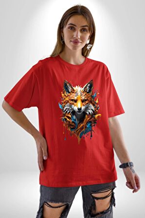 Renkli Sulu Boya Kurt Yapay Zeka Tasarımı  Pamuklu Bisiklet Yaka Kadın Erkek Oversize Boyfriend Dijital Baskılı Kırmızı T-Shirt