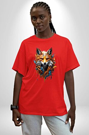 Renkli Sulu Boya Kurt Yapay Zeka Tasarımı  Pamuklu Bisiklet Yaka Kadın Erkek Oversize Boyfriend Dijital Baskılı Kırmızı T-Shirt