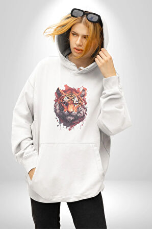 Kaplan Kafası Kadın Erkek  Beyaz Kapüşonlu Sweatshirt Hoodie
