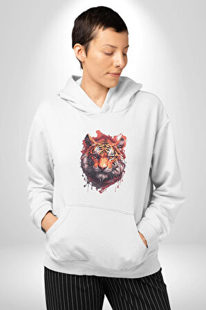 Kaplan Kafası Kadın Erkek  Beyaz Kapüşonlu Sweatshirt Hoodie