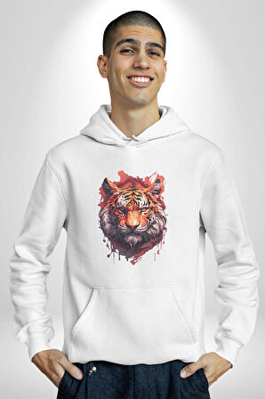 Kaplan Kafası Kadın Erkek  Beyaz Kapüşonlu Sweatshirt Hoodie
