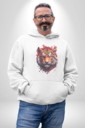 Kaplan Kafası Kadın Erkek  Beyaz Kapüşonlu Sweatshirt Hoodie