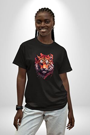 Kaplan Kafası Pamuklu Bisiklet Yaka Kadın Erkek Oversize Boyfriend Dijital Baskılı Siyah T-shirt