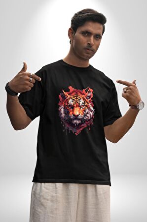 Kaplan Kafası Pamuklu Bisiklet Yaka Kadın Erkek Oversize Boyfriend Dijital Baskılı Siyah T-shirt
