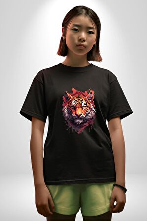 Kaplan Kafası Pamuklu Bisiklet Yaka Kadın Erkek Oversize Boyfriend Dijital Baskılı Siyah T-shirt