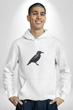 Siyah Karga Kadın Erkek  Beyaz Kapüşonlu Sweatshirt Hoodie