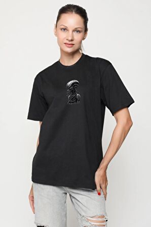 Uzaylı Predator Canavar Siyah Oversize Kadın Erkek Ön Orta Minimal Baskılı Tişört