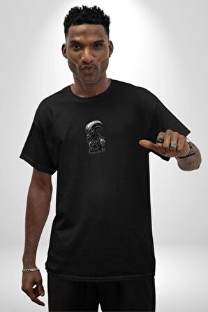 Uzaylı Predator Canavar Siyah Oversize Kadın Erkek Ön Orta Minimal Baskılı Tişört
