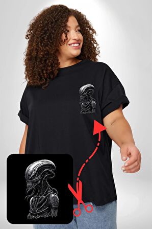 Uzaylı Predator Canavar Siyah Büyük Beden Kadın Basic Minimal Baskılı Tişört