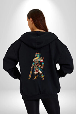 Oturan Kuş Efsanesi Kadın Erkek Siyah Renk Kapüşonlu Kanguru Cepli  Fermuarlı Pamuklu Oversize Dijital Baskılı Hırka Sweatshirt