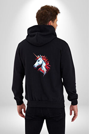 Unicorn Tek Boynuzlu At Kadın Erkek Siyah Renk Kapüşonlu Kanguru Cepli  Fermuarlı Pamuklu Oversize Dijital Baskılı Hırka Sweatshirt