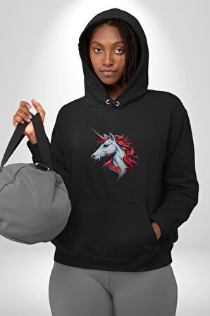 Unicorn Tek Boynuzlu At Kadın Erkek  Siyah Kapüşonlu Sweatshirt Hoodie