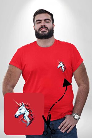 Unicorn Tek Boynuzlu At Kırmızı Büyük Beden Kadın Basic Minimal Baskılı Tişört