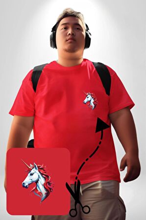 Unicorn Tek Boynuzlu At Kırmızı Büyük Beden Kadın Basic Minimal Baskılı Tişört