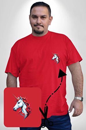 Unicorn Tek Boynuzlu At Kırmızı Büyük Beden Kadın Basic Minimal Baskılı Tişört