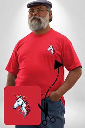 Unicorn Tek Boynuzlu At Kırmızı Büyük Beden Kadın Basic Minimal Baskılı Tişört