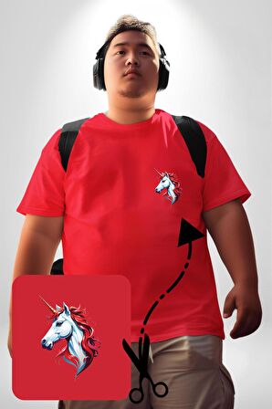Unicorn Tek Boynuzlu At Kırmızı Büyük Beden Kadın Basic Minimal Baskılı Tişört