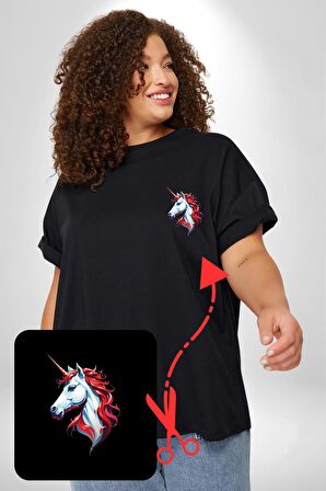 Unicorn Tek Boynuzlu At Siyah Büyük Beden Kadın Basic Minimal Baskılı Tişört
