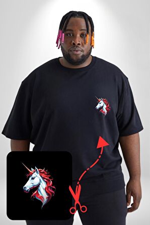 Unicorn Tek Boynuzlu At Siyah Büyük Beden Kadın Basic Minimal Baskılı Tişört