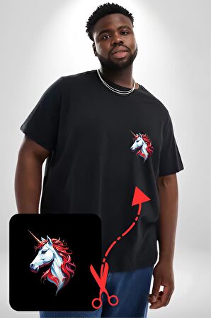 Unicorn Tek Boynuzlu At Siyah Büyük Beden Kadın Basic Minimal Baskılı Tişört