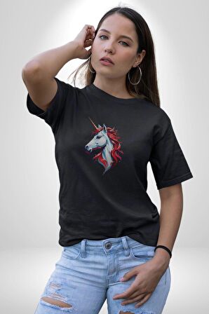 Unicorn Tek Boynuzlu At Kadın Erkek Unisex Siyah Organik Baskılı T-Shirt Penye Yüksek Kalite