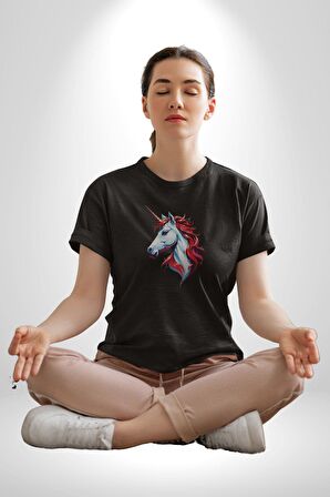 Unicorn Tek Boynuzlu At Kadın Erkek Unisex Siyah Organik Baskılı T-Shirt Penye Yüksek Kalite