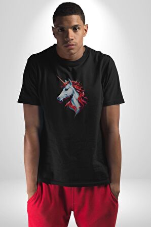 Unicorn Tek Boynuzlu At Kadın Erkek Unisex Siyah Organik Baskılı T-Shirt Penye Yüksek Kalite