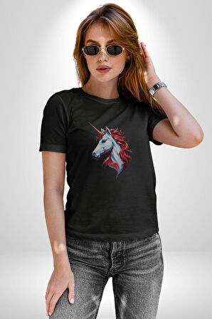 Unicorn Tek Boynuzlu At Kadın Erkek Unisex Siyah Organik Baskılı T-Shirt Penye Yüksek Kalite
