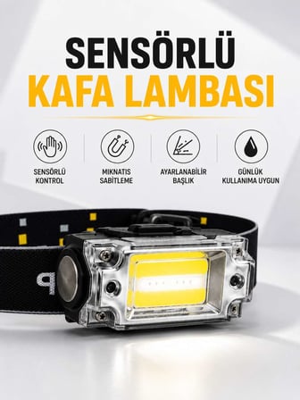 Sensör Kontrollü Şarjlı Beyaz LED Kafa Lambası ve El Feneri