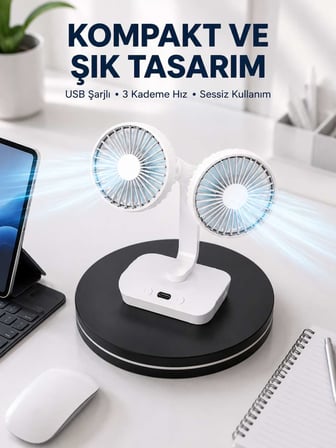 720° Döner Çift Taraflı Masaüstü Vantilatör – USB Şarjlı Sessiz Fan