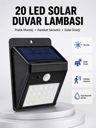 Su Geçirmez IP65 20 LED Solar Sensörlü Bahçe ve Veranda Aydınlatma Yeni Nesil