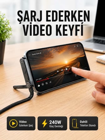 Katlanabilir Telefon Standlı 240W Type-C Hızlı Şarj Kablosu