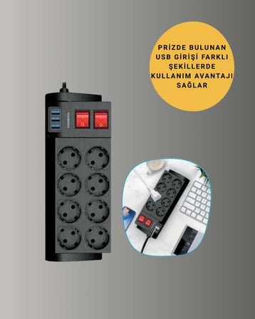 Termal Korumalı 8 Prizli 3 USB’li Uzatma Kablosu Yeni Nesil