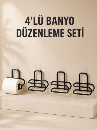 4 Adet Yapışkanlı Tuvalet Kağıdı Askısı Siyah Metal Delmeden Duvara Monte WC Kağıtlık