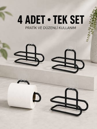 Duvara Yapışkanlı WC Kağıtlık Siyah Metal 4 Adet Tuvalet Kağıdı Rulo Askısı