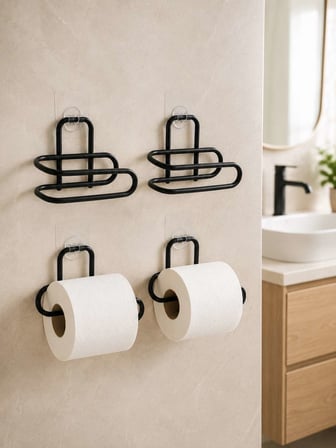 Duvara Yapışkanlı WC Kağıtlık Siyah Metal 4 Adet Tuvalet Kağıdı Rulo Askısı